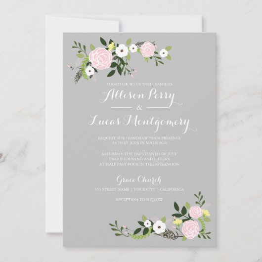 フローラ庭園の結婚式招待状 – 灰色 招待状 (正面)