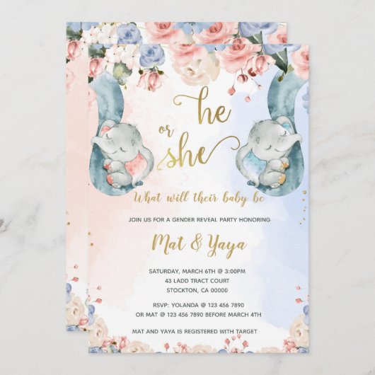 フローラ性別が象の赤ちゃんシャワーを明らかにする 招待状 (正面/裏面)