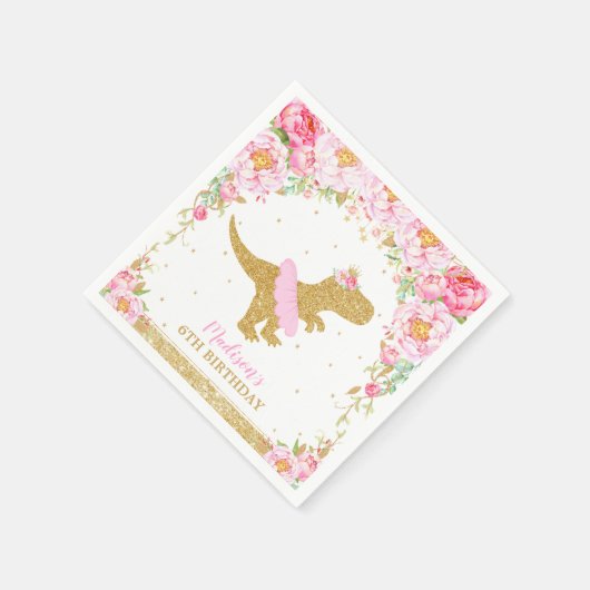 フローラ恐竜の誕生日パーティーピンクツツTレックス スタンダードカクテルナプキン (角)