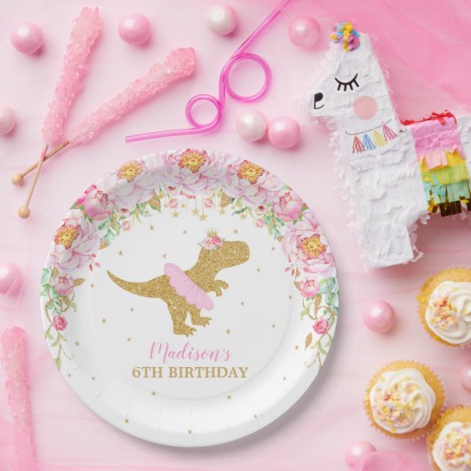 フローラ恐竜の誕生日パーティーピンクツツTレックス ペーパープレート (パーティー)