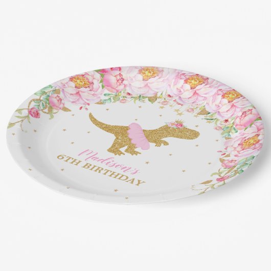 フローラ恐竜の誕生日パーティーピンクツツTレックス ペーパープレート (アングル)