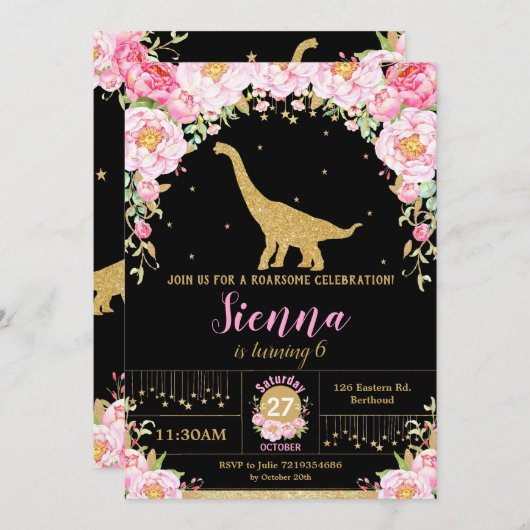 フローラ恐竜誕生日招待状ガールブロン 招待状 (正面/裏面)