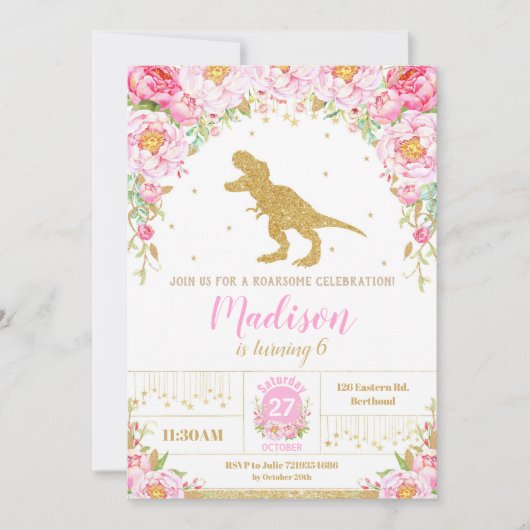 フローラ恐竜誕生日招待状ガールTレックス 招待状 (正面)