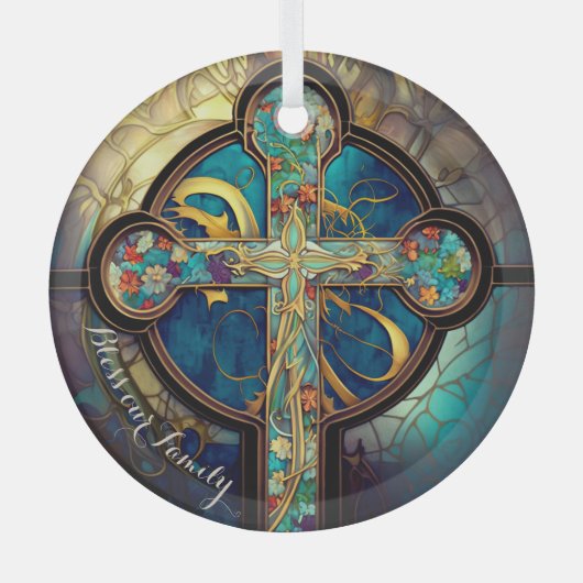 フローラ恩寵ステンドグラス宗教十字架 ガラスオーナメント (正面)