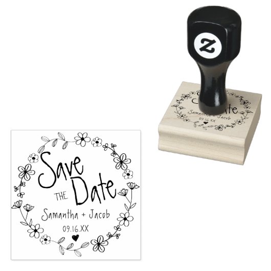 フローラ手描きリース結婚式の日付を保存 ラバースタンプ (押印)