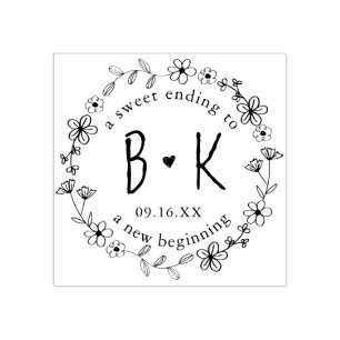 フローラ手書きリースモノグラム日結婚付 ラバースタンプ