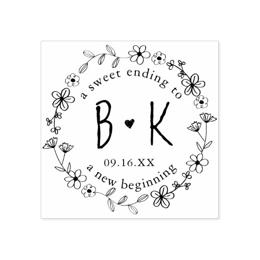 フローラ手書きリースモノグラム日結婚付 ラバースタンプ (インプリント)