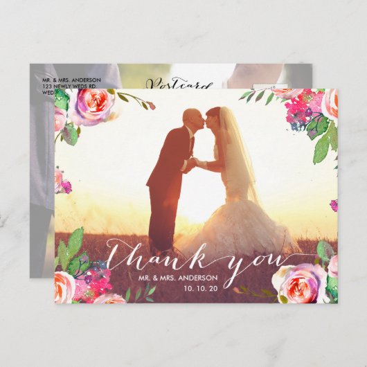 フローラ手書き2結婚写真ありがとう ポストカード (正面/裏面)