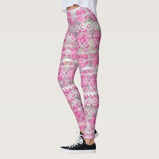フローラ抽象芸術アステカトライバルパープルピンクパターン レギンス (左)