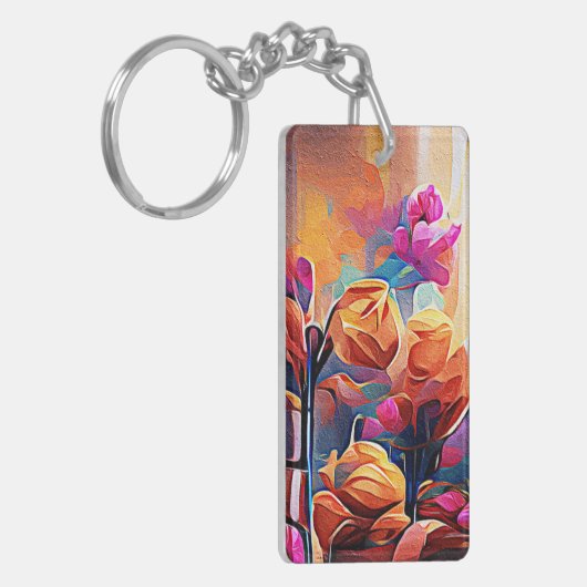 フローラ抽象芸術アートオレンジレッドブルー花 キーホルダー (正面左)