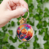 フローラ抽象芸術アートオレンジレッドブルー花 キーホルダー (手)