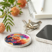 フローラ抽象芸術アートオレンジレッドブルー花 キーホルダー (側面)