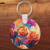 フローラ抽象芸術アートオレンジレッドブルー花 キーホルダー (正面)