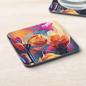 フローラ抽象芸術アートオレンジレッドブルー花 コースター (左側)