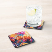 フローラ抽象芸術アートオレンジレッドブルー花 コースター (右側)