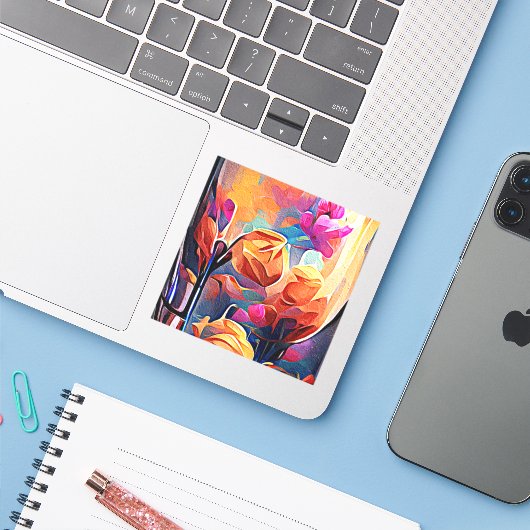 フローラ抽象芸術アートオレンジレッドブルー花 シール (ノートパソコンとiPhone)