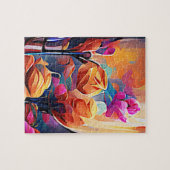 フローラ抽象芸術アートオレンジレッドブルー花 ジグソーパズル (横)