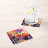 フローラ抽象芸術アートオレンジレッドブルー花 スクエアペーパーコースター (インサイチュ)