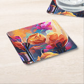 フローラ抽象芸術アートオレンジレッドブルー花 スクエアペーパーコースター (アングル)