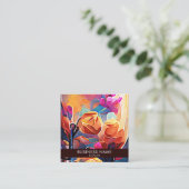 フローラ抽象芸術アートオレンジレッドブルー花 スクエア名刺 (スタンド正面)