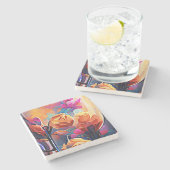 フローラ抽象芸術アートオレンジレッドブルー花 ストーンコースター (横)