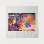 フローラ抽象芸術アートオレンジレッドブルー花 タペストリー (正面(横))