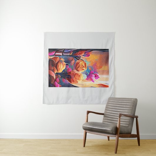 フローラ抽象芸術アートオレンジレッドブルー花 タペストリー (インサイチュ(横))