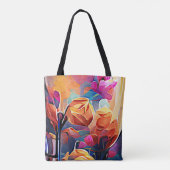 フローラ抽象芸術アートオレンジレッドブルー花 トートバッグ (裏面)
