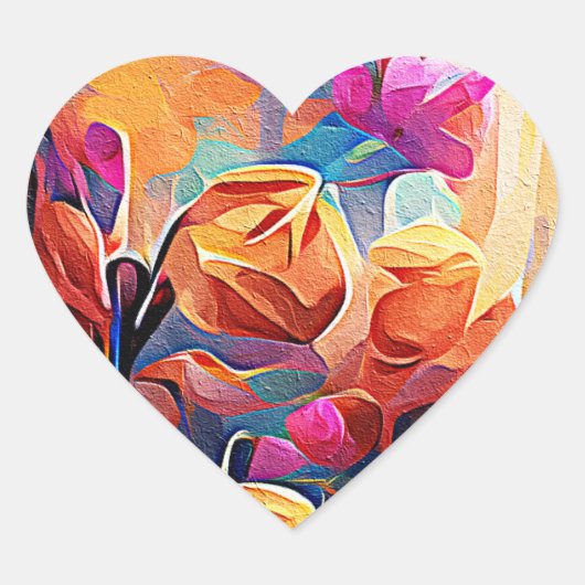 フローラ抽象芸術アートオレンジレッドブルー花 ハートシール (正面)