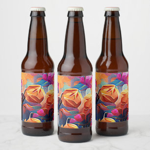 フローラ抽象芸術アートオレンジレッドブルー花 ビールラベル