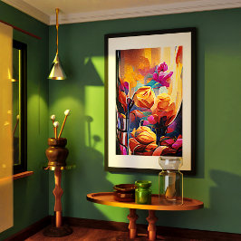 フローラ抽象芸術アートオレンジレッドブルー花 ポスター