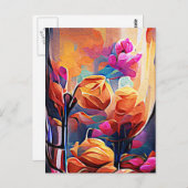 フローラ抽象芸術アートオレンジレッドブルー花 ポストカード (正面/裏面)