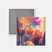 フローラ抽象芸術アートオレンジレッドブルー花 マグネット (正面/裏面)