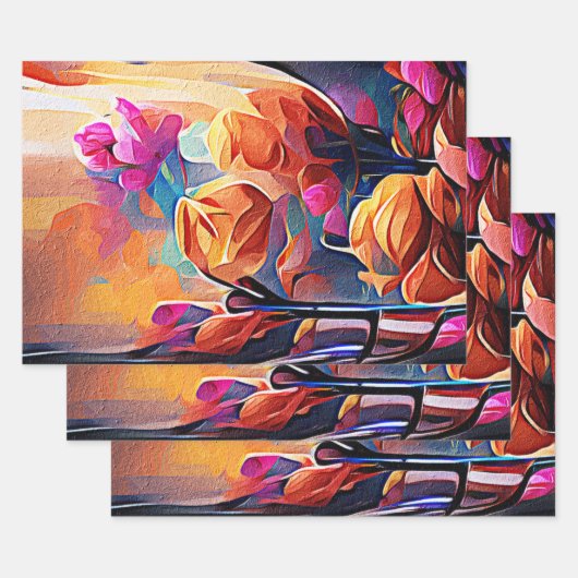 フローラ抽象芸術アートオレンジレッドブルー花 ラッピングペーパーシート (セット)