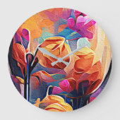 フローラ抽象芸術アートオレンジレッドブルー花 ラージ壁時計 (正面)