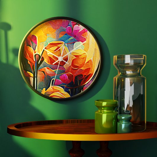 フローラ抽象芸術アートオレンジレッドブルー花 ラージ壁時計