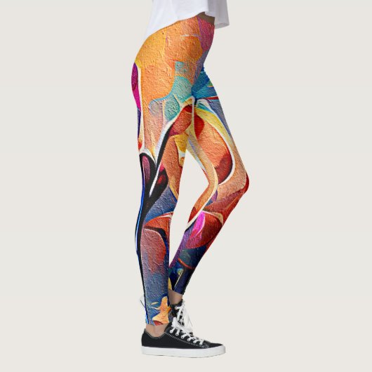 フローラ抽象芸術アートオレンジレッドブルー花 レギンス (右)