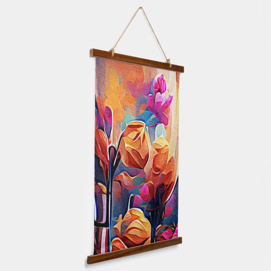 フローラ抽象芸術アートオレンジレッドブルー花 吊り下げ型タペストリー (傾斜あり)