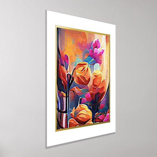 フローラ抽象芸術アートオレンジレッドブルー花 箔ポスター (レイダウン)