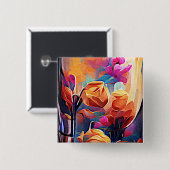 フローラ抽象芸術アートオレンジレッドブルー花 缶バッジ (正面&裏面)