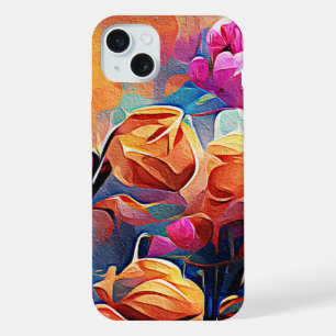フローラ抽象芸術アートオレンジレッドブルー花 iPhone 15 PLUSケース