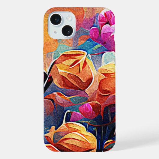 フローラ抽象芸術アートオレンジレッドブルー花 iPhoneケース (裏面)