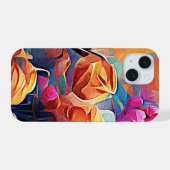 フローラ抽象芸術アートオレンジレッドブルー花 iPhone 15ケース (裏面横)