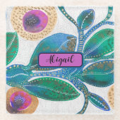 フローラ抽象芸術ジャングルの水色あなたの名前 ガラスコースター (正面)