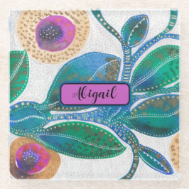 フローラ抽象芸術ジャングルの水色あなたの名前 ガラスコースター