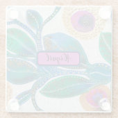 フローラ抽象芸術ジャングルの水色あなたの名前 ガラスコースター (裏面)