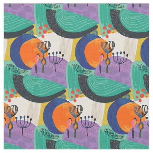 フローラ抽象芸術ティール（緑がかった色）紫色パターン ファブリック (クローズアップ)