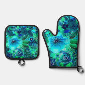 フローラ抽象芸術パターンブルーグリーンティール（緑がかった色）花 鍋つかみ&鍋敷きセット (正面)