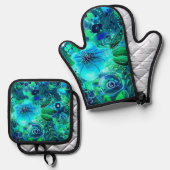 フローラ抽象芸術パターンブルーグリーンティール（緑がかった色）花 鍋つかみ&鍋敷きセット (正面/裏面)