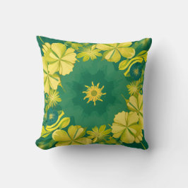 フローラ放射光：黄色と緑の植物模様 クッション